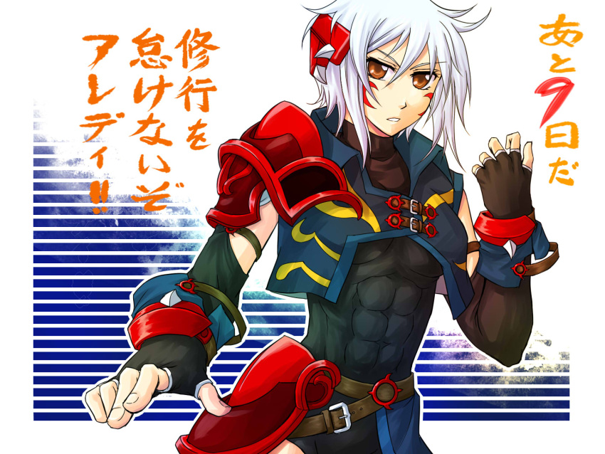 belt, brown_eyes, cindy_bird, facepaint, fingerless_gloves, gloves, highres, muscle