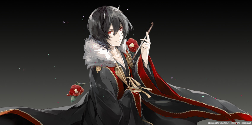 1boy, black_hair, black_kimono, flower, fur_trim, gradient, gradient_background, grey_background