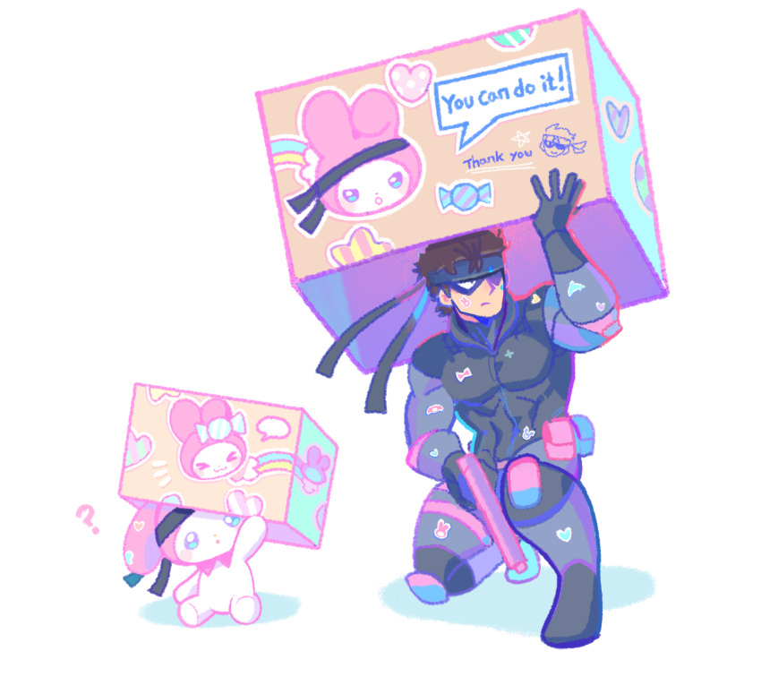 >_<, 1boy, ?, bandana, blush, bodysuit, box, brown_hair