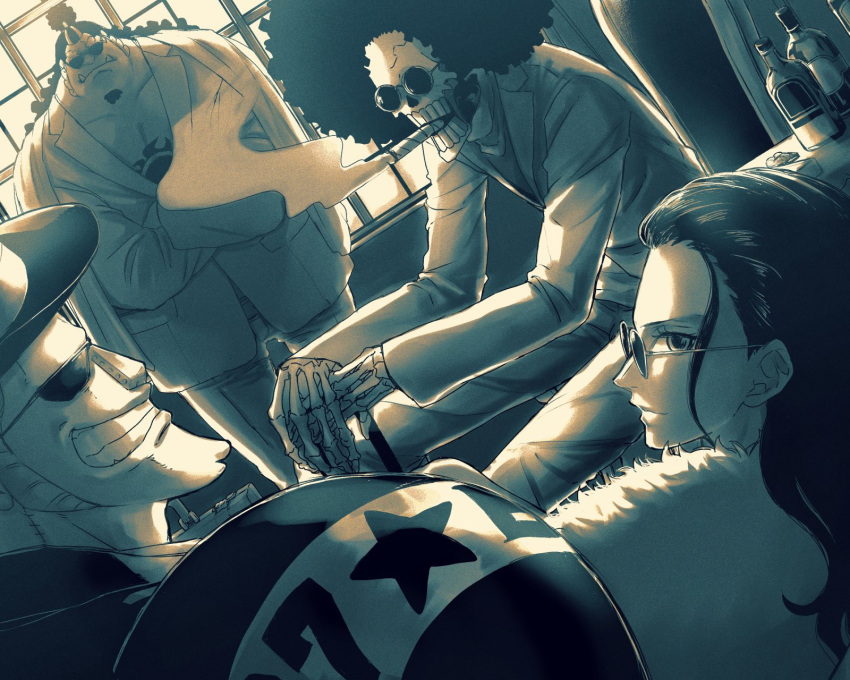 1girl, 2boys, afro, backlighting, bag, bottle, brook, chest_tattoo