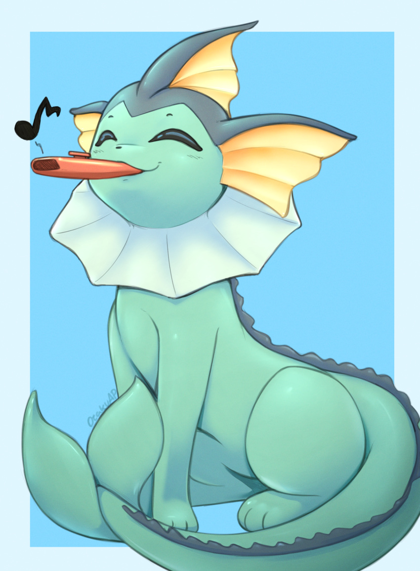 ^_^, blue_background, border, closed_eyes, gen_1_pokemon, highres, kazoo, musical_note