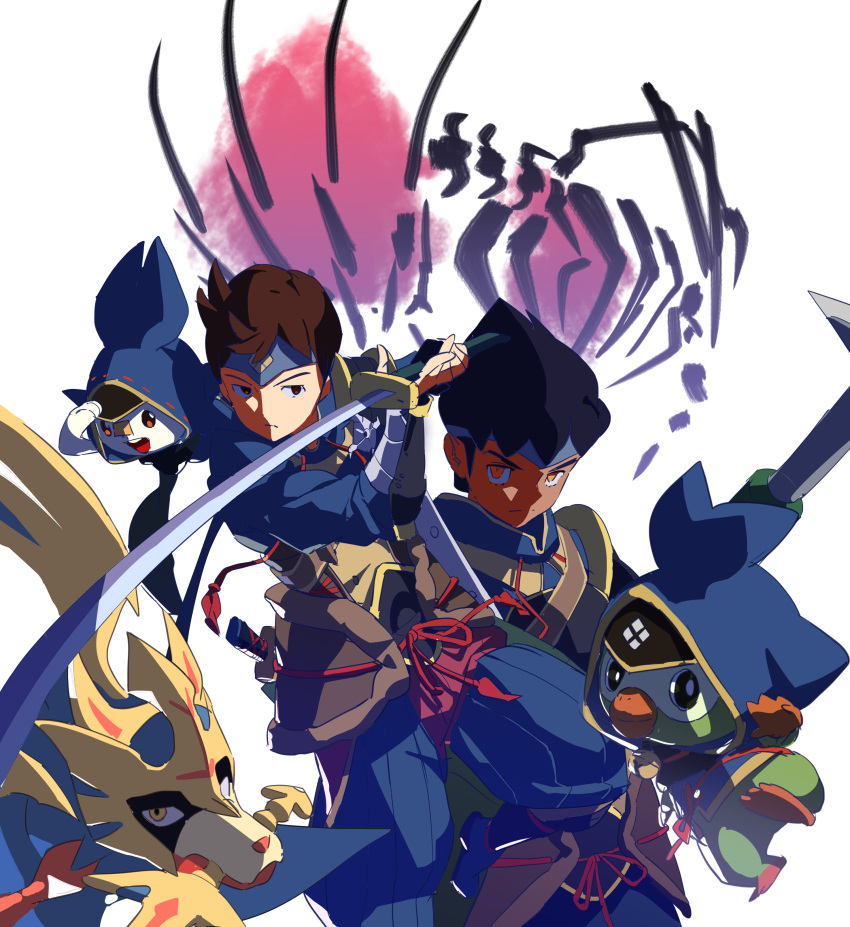2boys, absurdres, alternate_costume, bangs, black_hair, blue_headband, brown_hair, closed_mouth