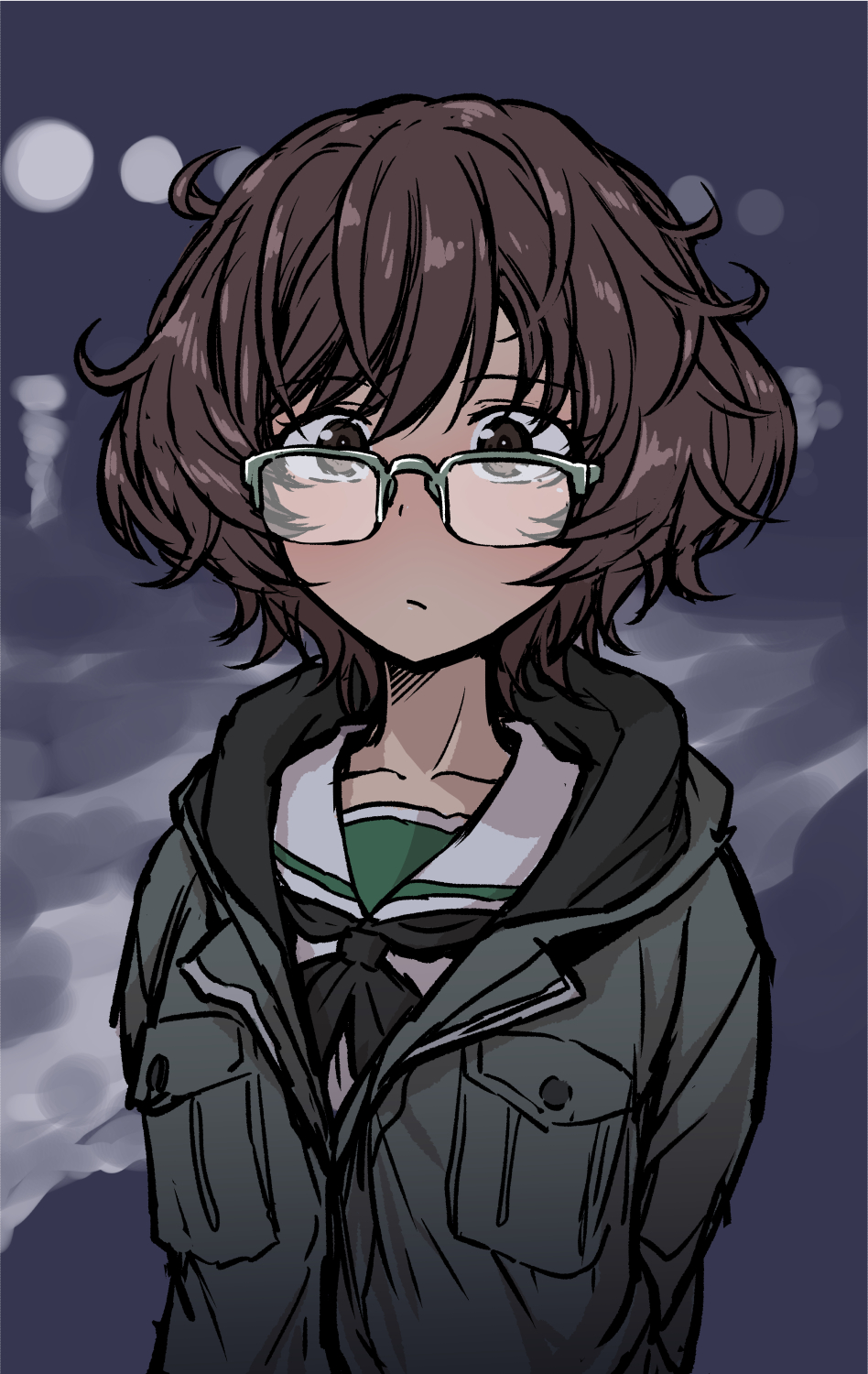 1girl, akiyama_yukari, arms_behind_back, bangs, black_jacket, brown_eyes, brown_hair, eyebrows_visible_through_hair