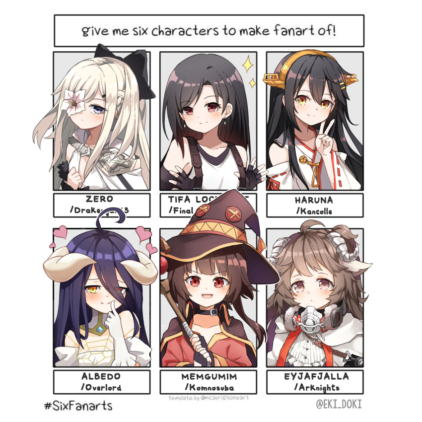 6+girls, albedo_(overlord), arknights, bangs, black_hair, brown_eyes, brown_hair, character_name