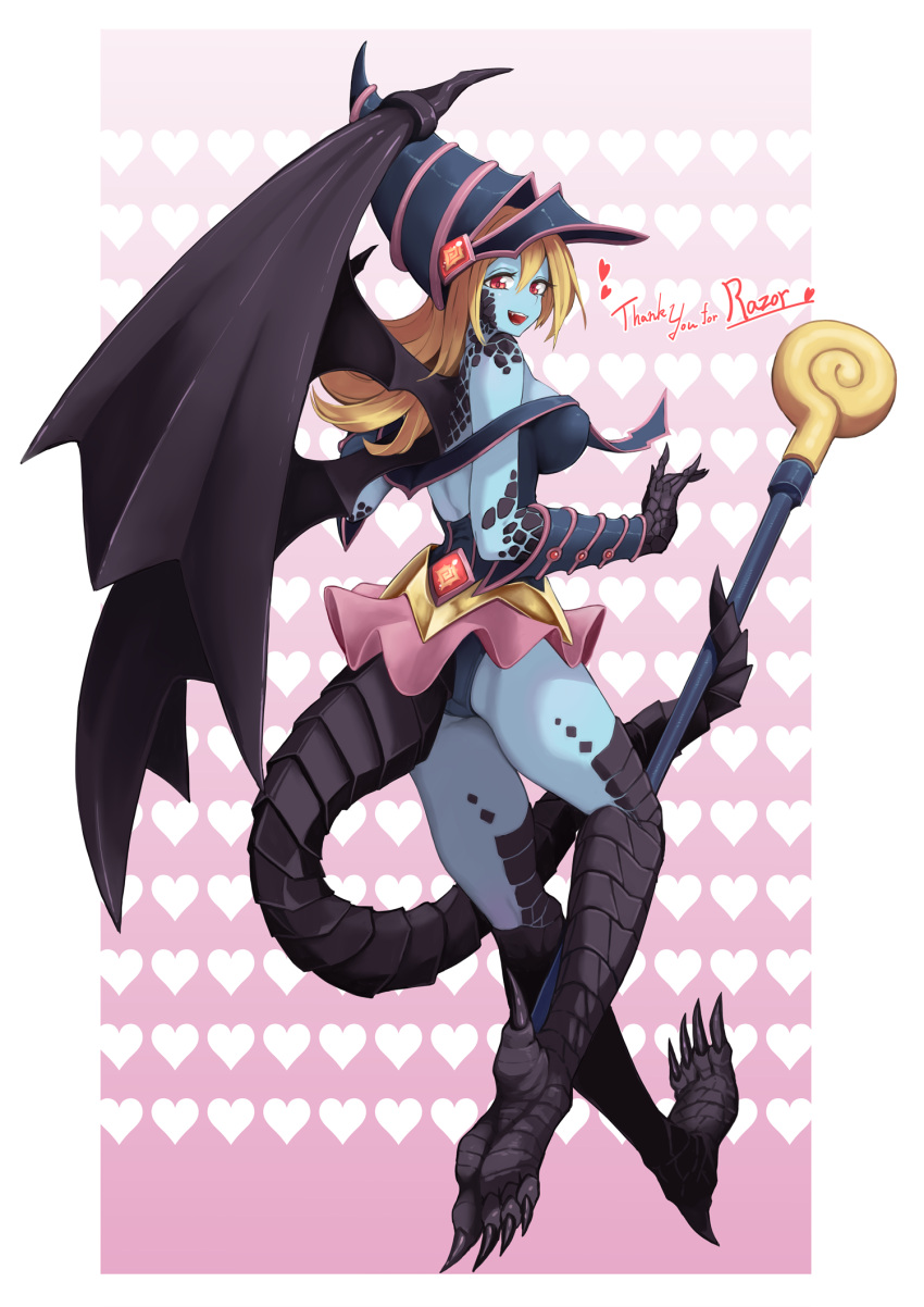 1girl, :d, blonde_hair, blue_skin, border, bracer, breasts, claws, colored_skin, commission, dark_magician_girl, dragon_girl, dragon_tail, dragon_wings, from_behind, gradient, gradient_background, hat, heart, heart_background, highres, hitokuirou, large_breasts, long_hair, looking_at_viewer, looking_back, miniskirt, monsterification, open_mouth, pink_skirt, prehensile_tail, red-eyes_b._dragon, red_eyes, scales, sharp_teeth, skeb_commission, skirt, smile, solo, staff, tail, talons, teeth, thank_you, upper_teeth, white_border, wings, wizard_hat, yu-gi-oh!
