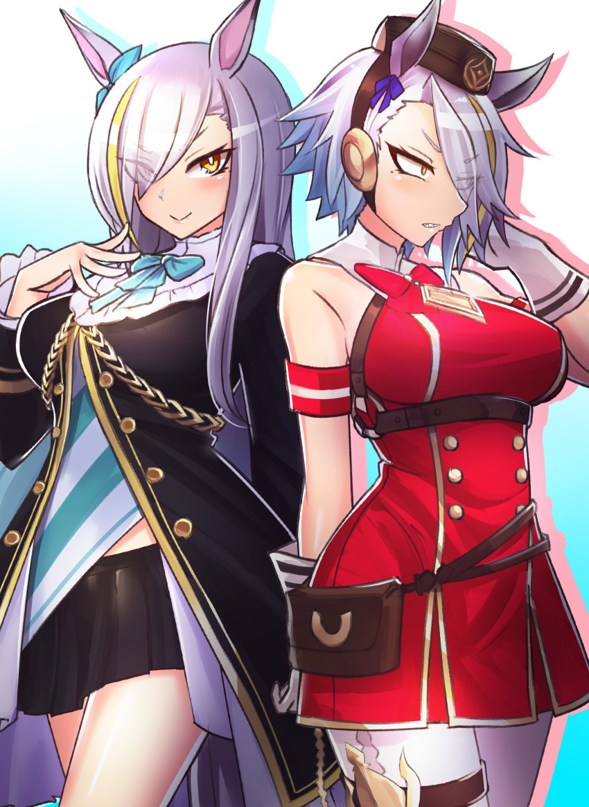 2girls, animal_ears, black_skirt, blonde_hair, blue_bow, bow, breasts, cosplay