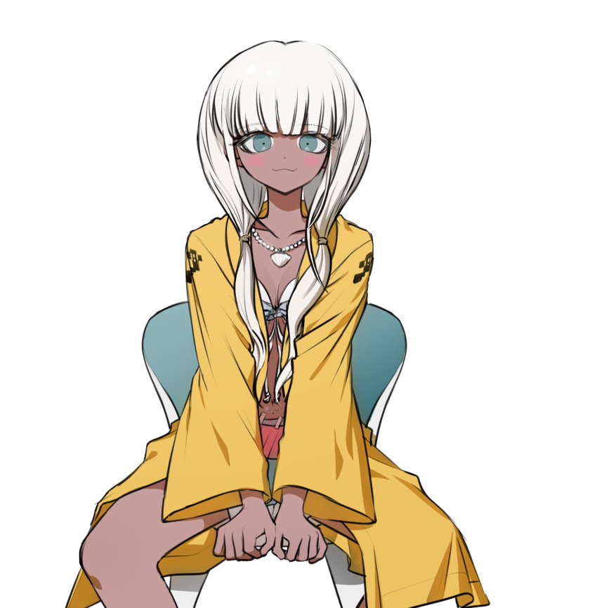1girl, bangs, bead_necklace, beads, bikini, bikini_top, blue_eyes, blunt_bangs