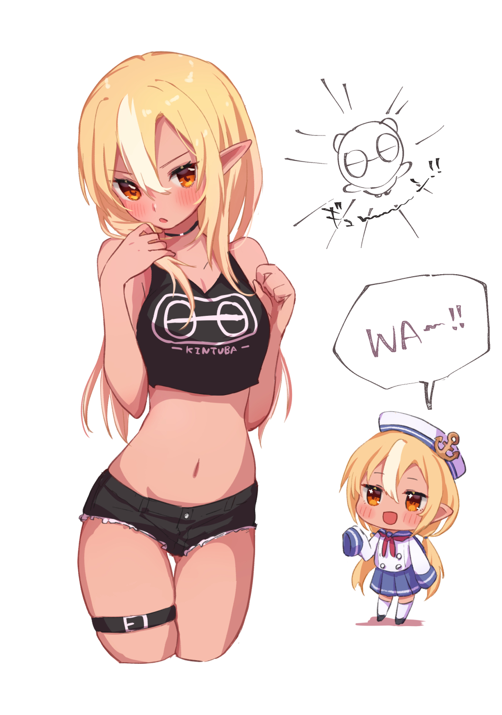 2girls, :d, black_choker, blonde_hair, chibi, choker, dark_skin, dark-skinned_female