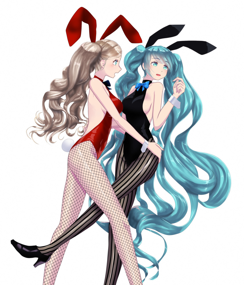 2girls, absurdres, alternate_costume, animal_ears, aqua_eyes, aqua_hair, ass, backless_leotard