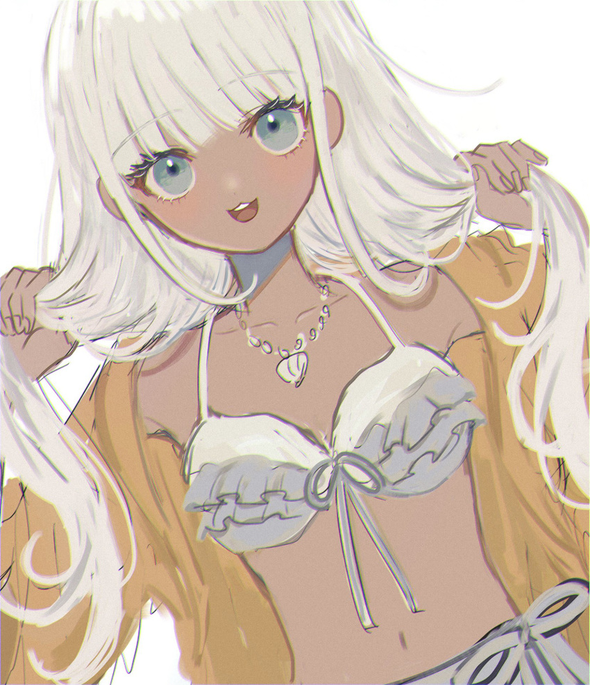 1girl, :3, :d, bangs, bikini, blue_eyes, blunt_bangs, blush