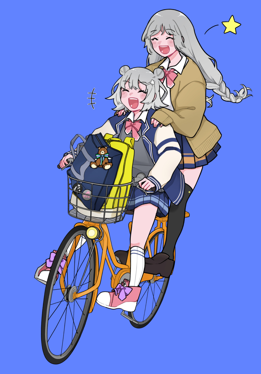 +++, 2girls, absurdres, alpaca_opo, ascot, badge, bag, bicycle