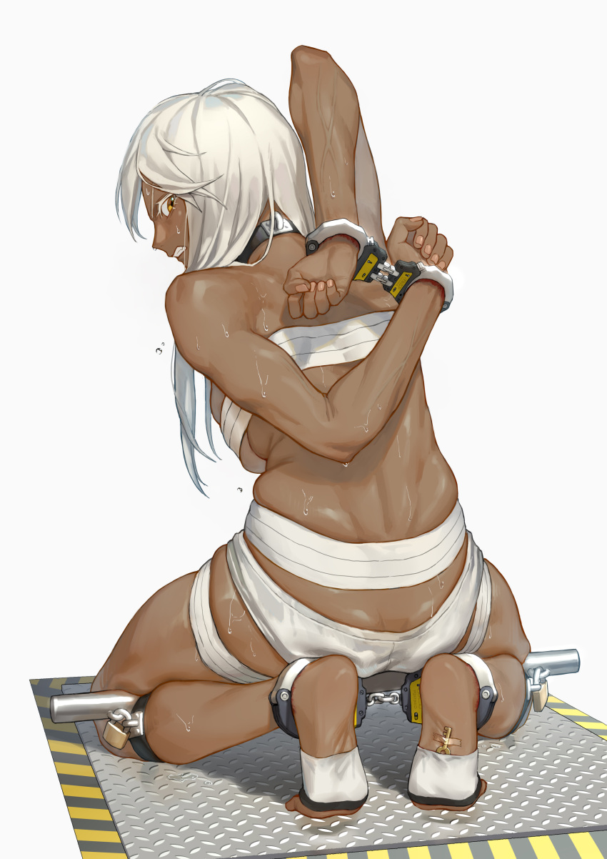 1girl, absurdres, barefoot, bdsm, bondage, bound, chinese_commentary, cuffs, dark_skin, dark-skinned_female, feet, guangmi, guilty_gear, guilty_gear_xrd, handcuffs, highres, long_hair, looking_at_viewer, looking_back, no_bra, orange_eyes, platinum_blonde_hair, ramlethal_valentine, restrained, shackles, stationary_restraints, tan, white_hair