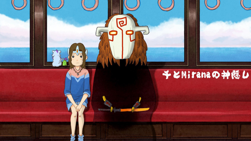 1girl, 1other, blue_eyes, blue_shirt, brown_hair, character_name, circlet, cosplay