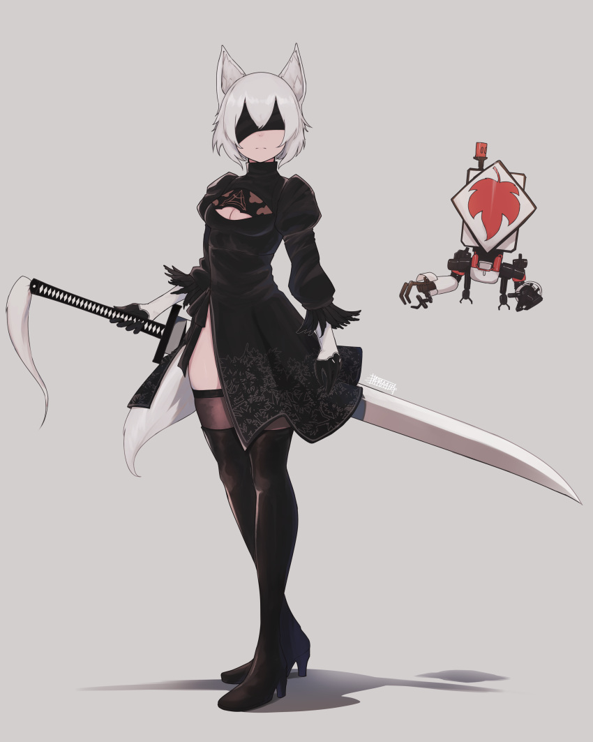 1girl, absurdres, alternate_costume, animal_ears, black_blindfold, black_dress, black_footwear, black_gloves