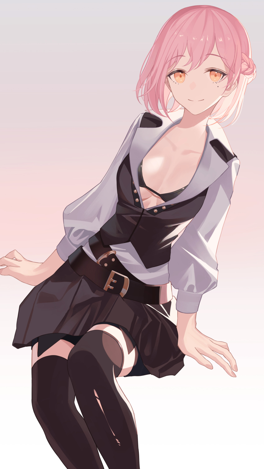 1girl, absurdres, belt, black_dress, bra, dress, english_commentary, eyebrows_visible_through_hair