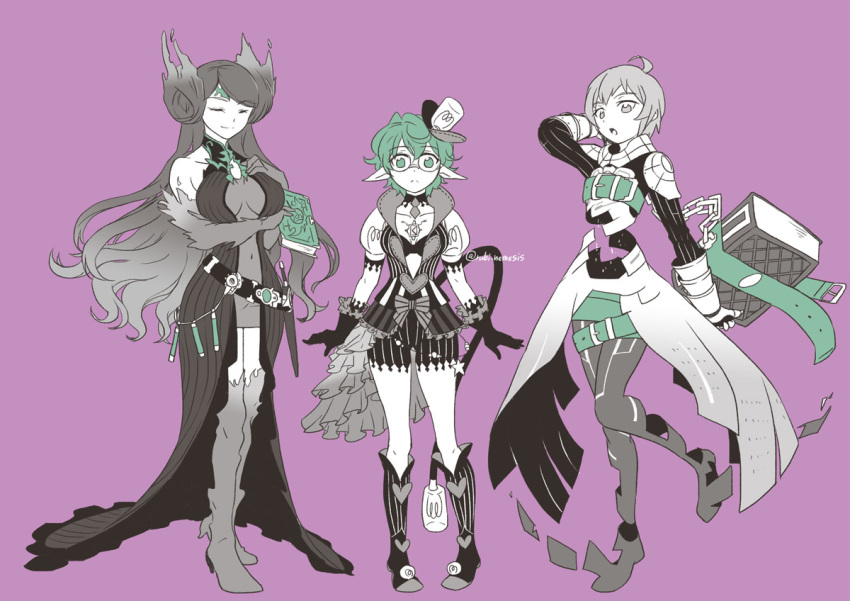 3girls, adenine_(xenoblade), book, boots, breasts, brighid_(xenoblade), center_opening, chest_jewel, fiery_hair, flat_chest, gloves, hat, jacket, large_breasts, medium_breasts, mini_hat, mini_top_hat, multiple_girls, open_clothes, open_jacket, pandoria_(xenoblade), purple_background, rubi_nemesis, short_hair, tail, thigh-highs, thigh_boots, top_hat, xenoblade_chronicles_(series), xenoblade_chronicles_2