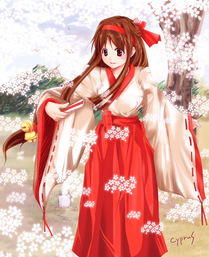 brown_eyes, brown_hair, cyprus, eien_no_aselia, fan, japanese_clothes, kurahashi_tokimi, long_hair, miko, ribbon, solo