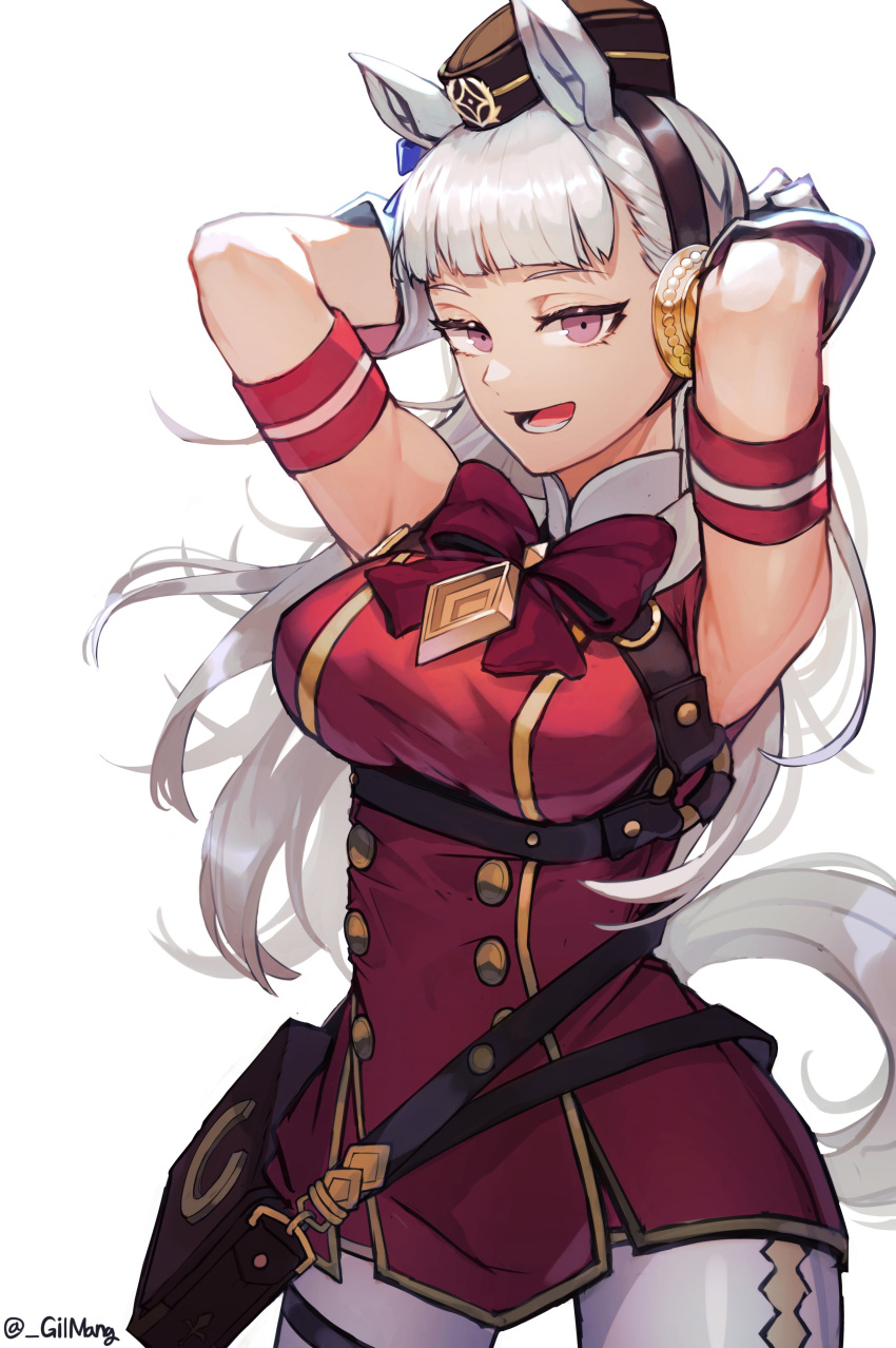 1girl, absurdres, animal_ears, arms_behind_back, arms_up, bangs, blunt_bangs, breasts