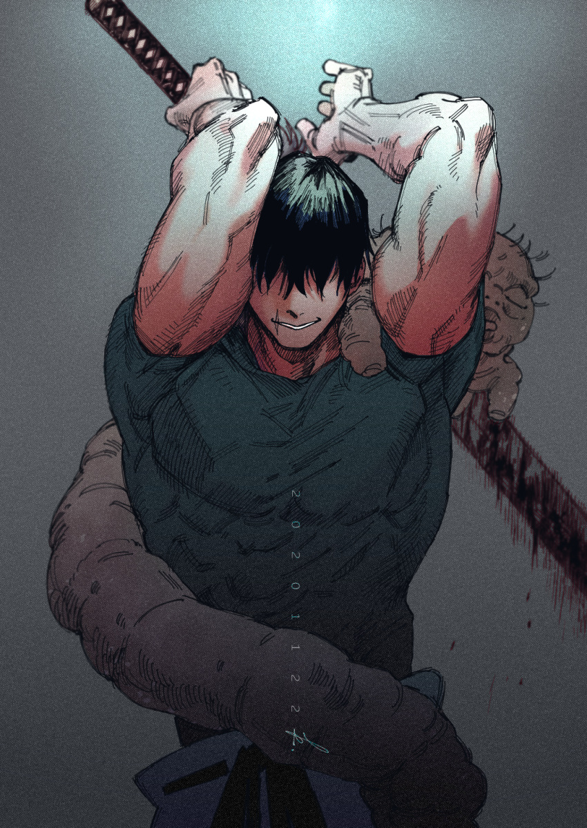 1boy, arms_up, belt, black_hair, black_shirt, blood, bloody_weapon, covered_eyes