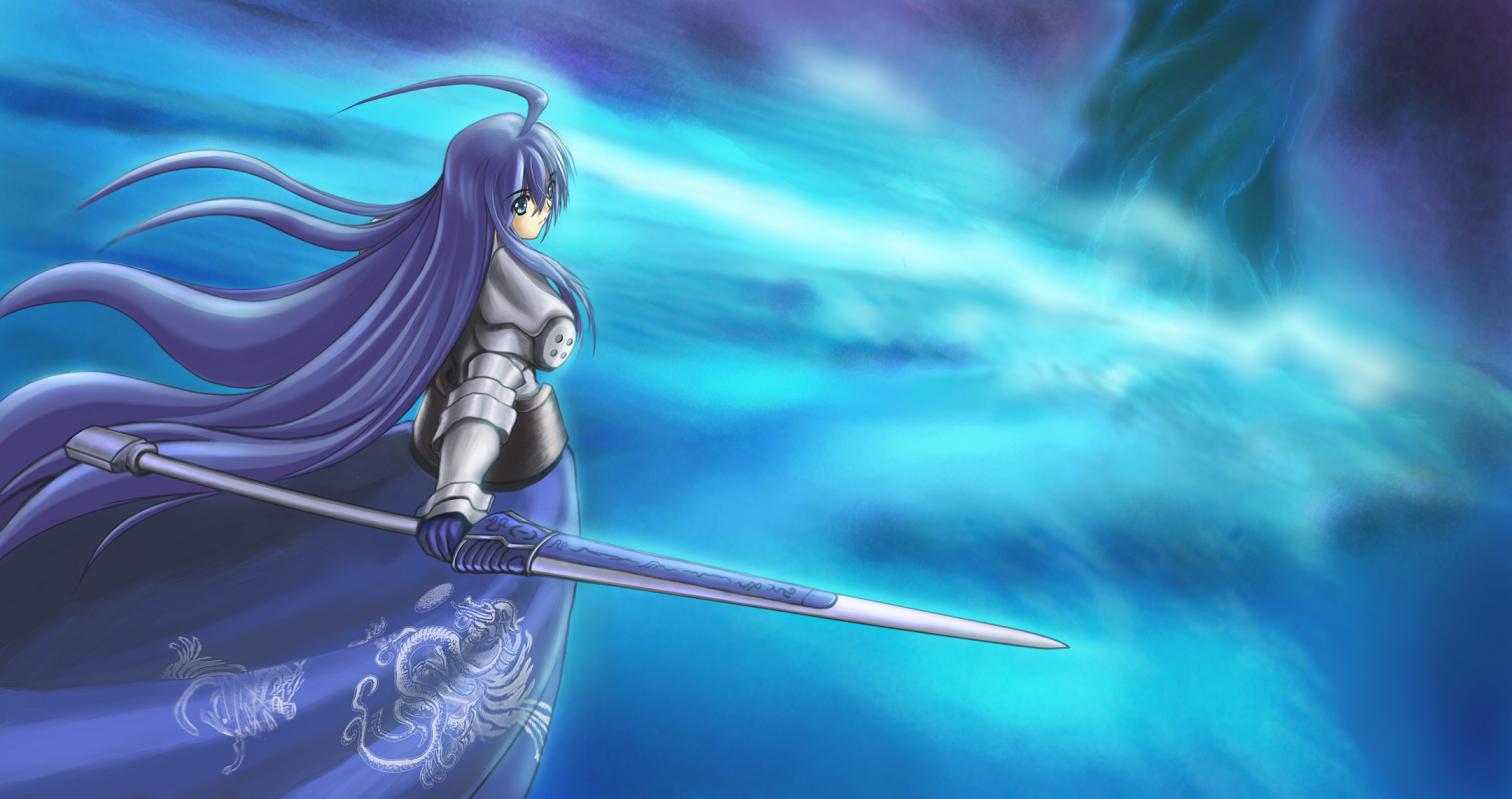 armor, aselia, blue_hair, eien_no_aselia, gauntlets, long_hair, solo, sword