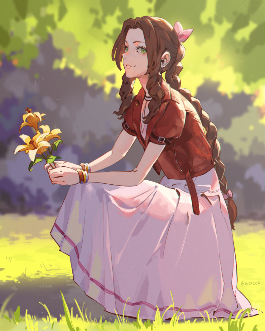 1girl, aerith_gainsborough, arm_support, bangs, belt, blurry, blurry_background, bow