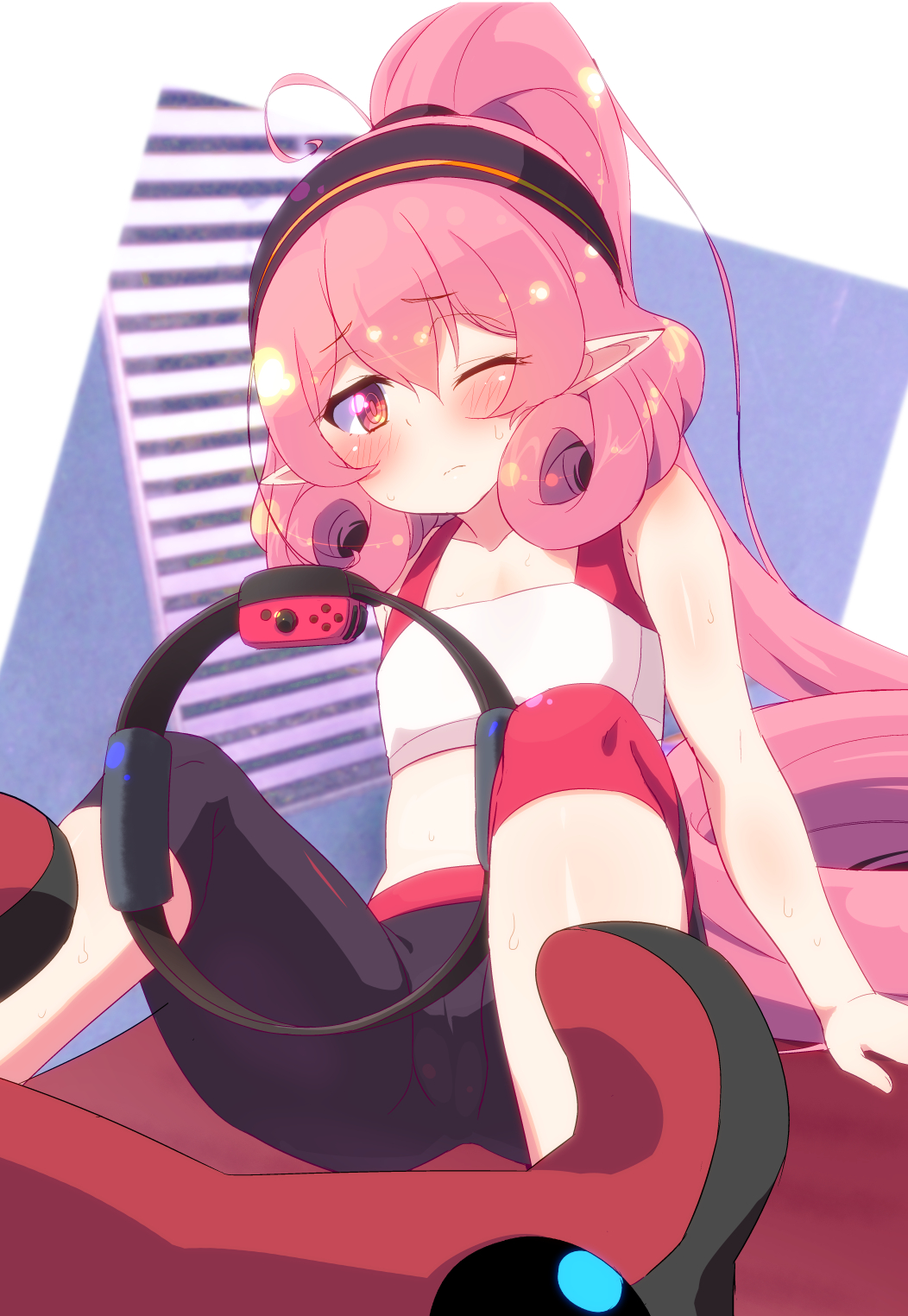 1girl, ahoge, alternate_hairstyle, bangs, bike_shorts, black_headband, black_shorts, blush