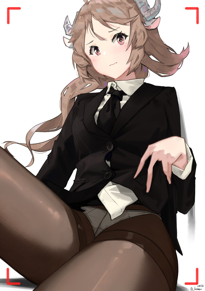 1girl, absurdres, airnery, animal_ears, arknights, black_legwear, black_neckwear, brown_hair