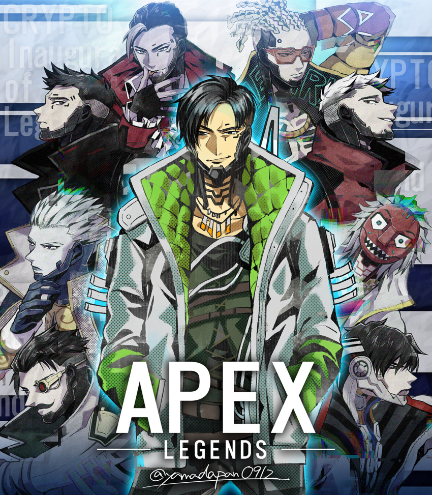 6+boys, apex_legends, black_eyes, black_gloves, black_hair, black_jacket, blonde_hair, blue_skin, colored_skin, copyright_name, cornrows, crypto_(apex_legends), facial_hair, finger_licking, gloves, grey_skin, hack_frost_crypto, hands_in_pockets, highres, hype_beast_crypto, jacket, licking, looking_ahead, looking_at_viewer, male_focus, mask, monocle, mozuwaka, multiple_boys, multiple_views, mustache, partially_fingerless_gloves, red_jacket, smirk, tied_hair, undercut, vampire, white_hair