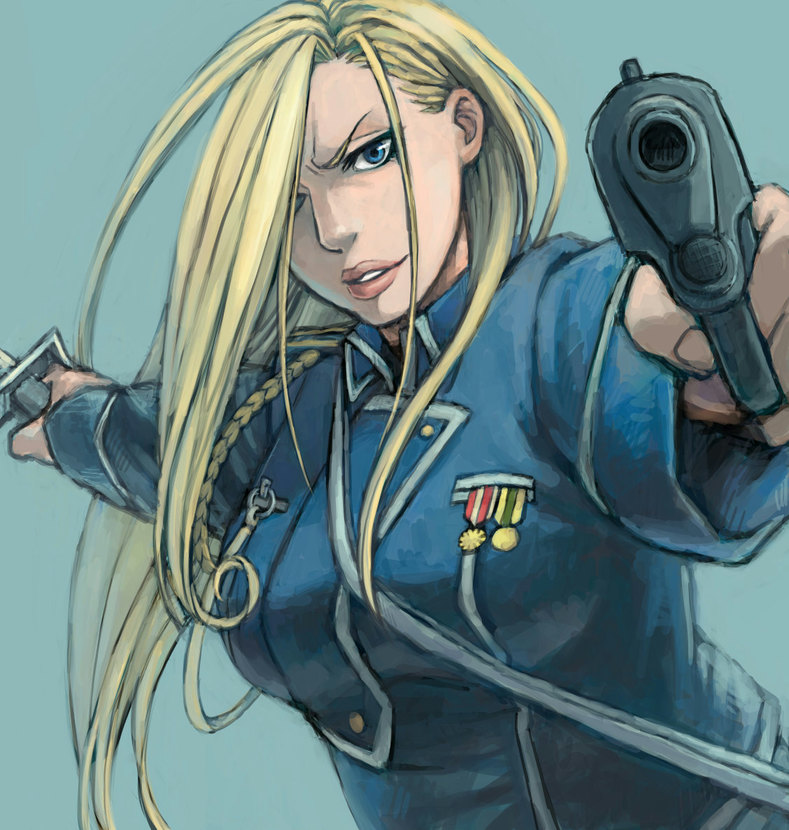 blonde_hair, blue_eyes, dual_wielding, fullmetal_alchemist, gun, hair_over_one_eye, handgun, lips