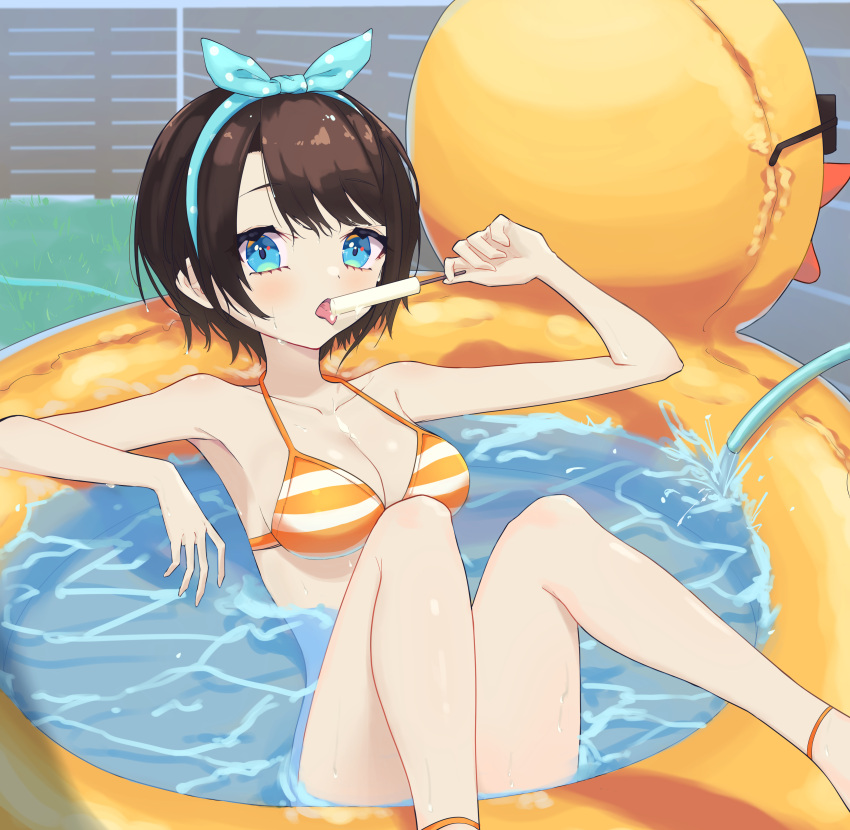 1girl, absurdres, ankle_strap, bangs, bare_arms, bare_shoulders, bikini, blue_eyes
