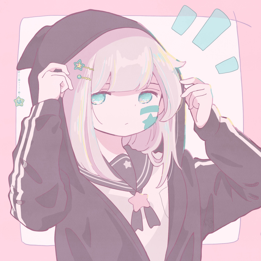 1girl, aqua_eyes, awayawa_pic, bangs, black_jacket, black_sailor_collar, hair_ornament, hairclip