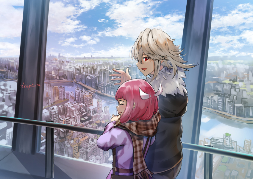 1boy, 1girl, absurdres, alternate_costume, bag, cityscape, closed_eyes, corrin_(fire_emblem)