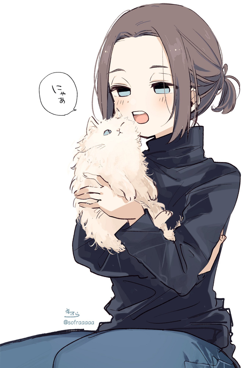 1girl, animal, black_shirt, blue_eyes, blue_panties, blush, brown_hair, cat, forehead, half-closed_eyes, high_collar, highres, holding, holding_animal, long_sleeves, open_mouth, panties, ponytail, senpai_ga_uzai_kouhai_no_hanashi, shirt, signature, simple_background, sofra, solo, translation_request, tsukishiro_mona_(shiromanta), twitter_username, underwear, upper_teeth, white_background, white_cat