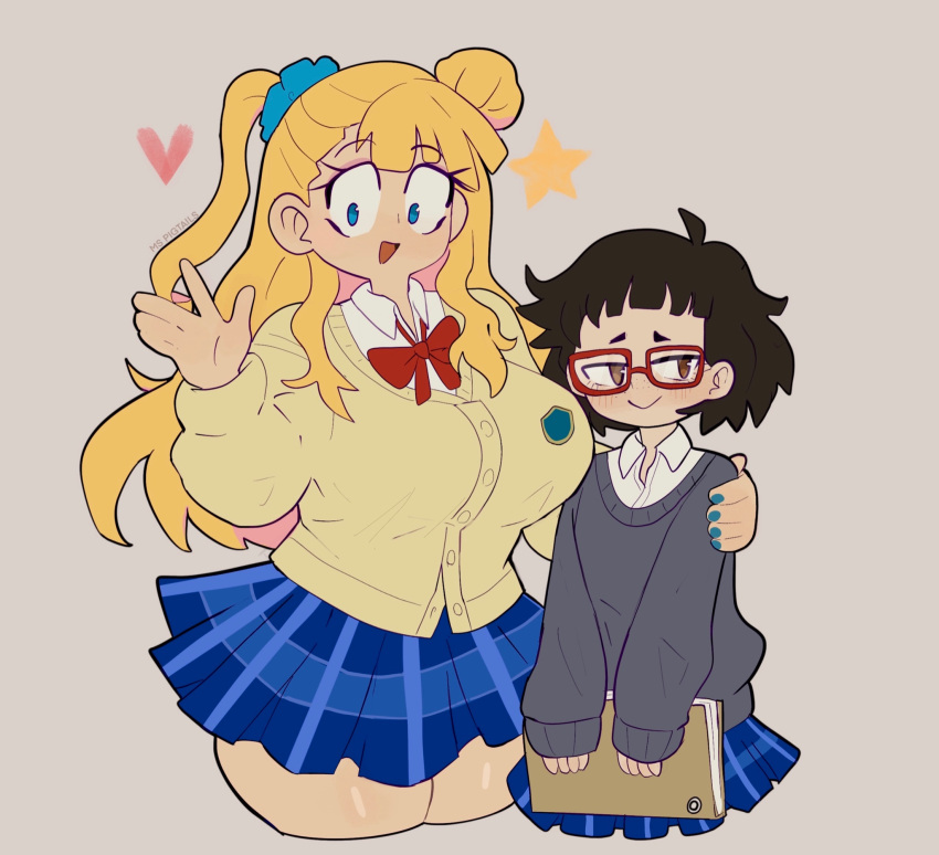 2girls, aqua_nails, artist_name, black_hair, blonde_hair, blue_eyes, blue_skirt, blush, bow, bowtie, breasts, brown_eyes, collared_shirt, cowboy_shot, cropped_legs, galko, glasses, grey_sweater, heart, highres, large_breasts, long_hair, ms_pigtails, multiple_girls, oshiete!_galko-chan, otako_(galko), plaid, plaid_skirt, red-framed_eyewear, red_neckwear, shirt, short_hair, simple_background, skirt, sweater, tan_background, white_shirt, yellow_sweater