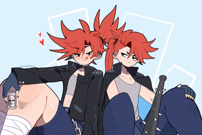 2boys, abs, artist_name, black_eyes, black_jacket, blue_pants, blue_shorts, blush