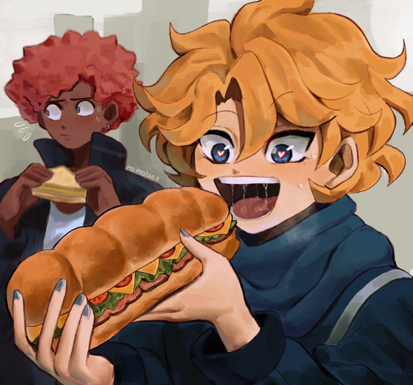 2boys, artist_name, blonde_hair, blue_eyes, blue_nails, charley_(ms_pigtails), cheese, dark_skin