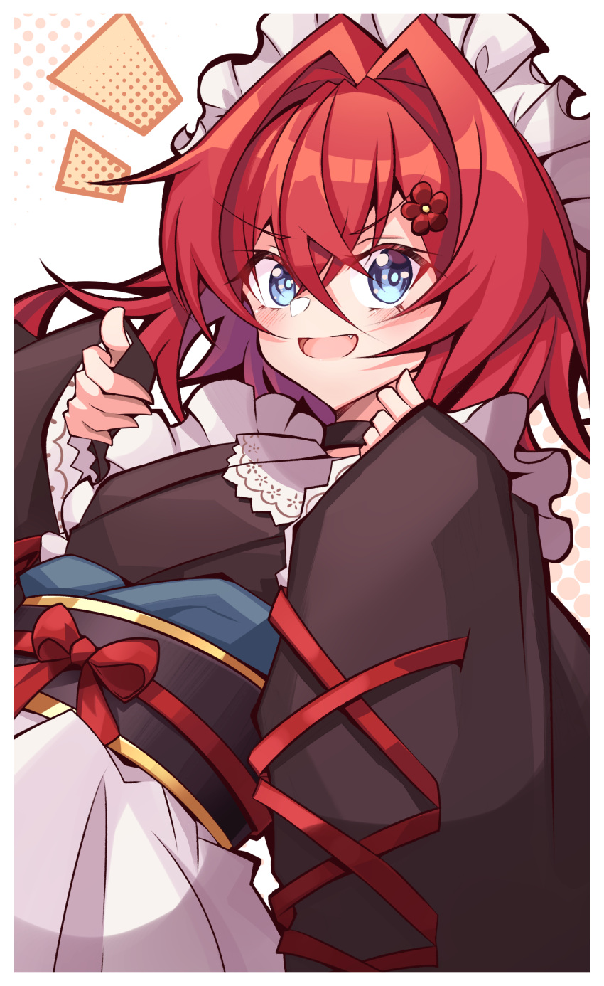 1girl, absurdres, ange_katrina, black_choker, blue_eyes, bow, brown_kimono, choker, cosplay, eyebrows_visible_through_hair, flower, hair_flower, hair_ornament, highres, inui_toko, inui_toko_(cosplay), japanese_clothes, kimono, maid_headdress, nijisanji, obi, papa-kun_(destiny549-2), red_bow, red_flower, redhead, sash, short_hair, sleeves_past_wrists, solo, v-shaped_eyebrows, virtual_youtuber, wa_maid