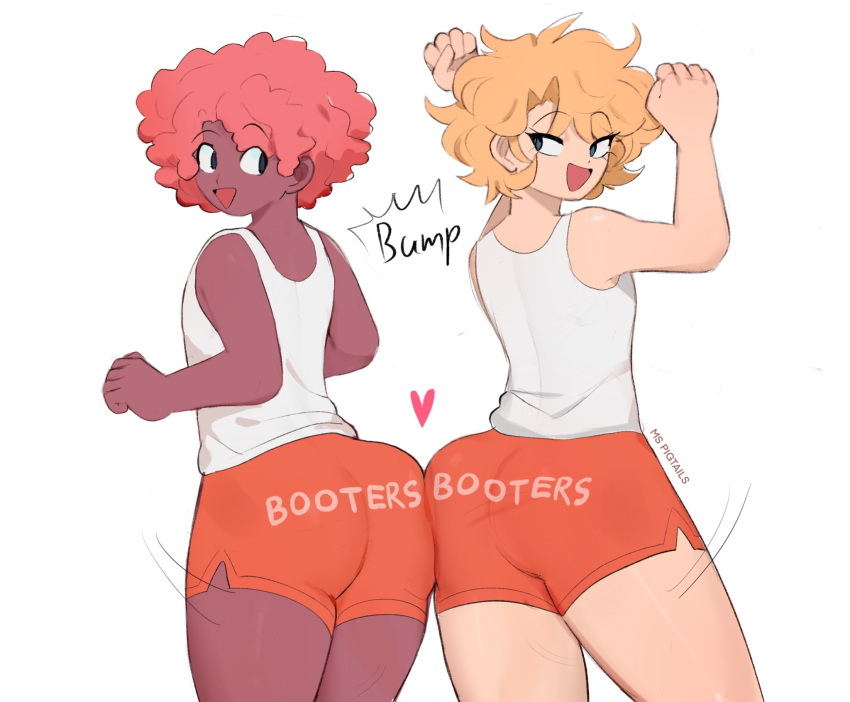 2boys, arms_up, artist_name, ass, ass-to-ass, blonde_hair, charley_(ms_pigtails), cowboy_shot