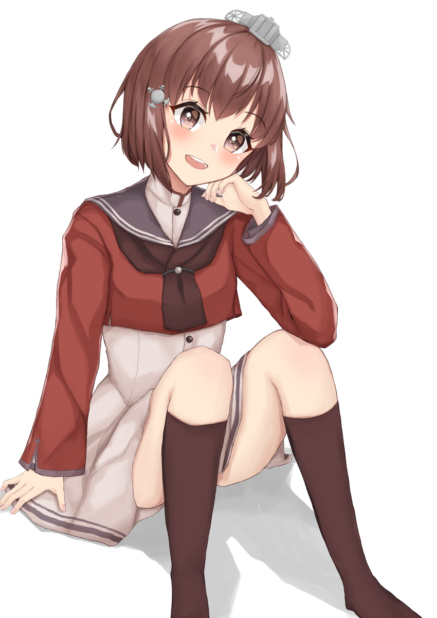 1girl, absurdres, black_legwear, brown_eyes, brown_hair, brown_neckwear, commentary_request, dress