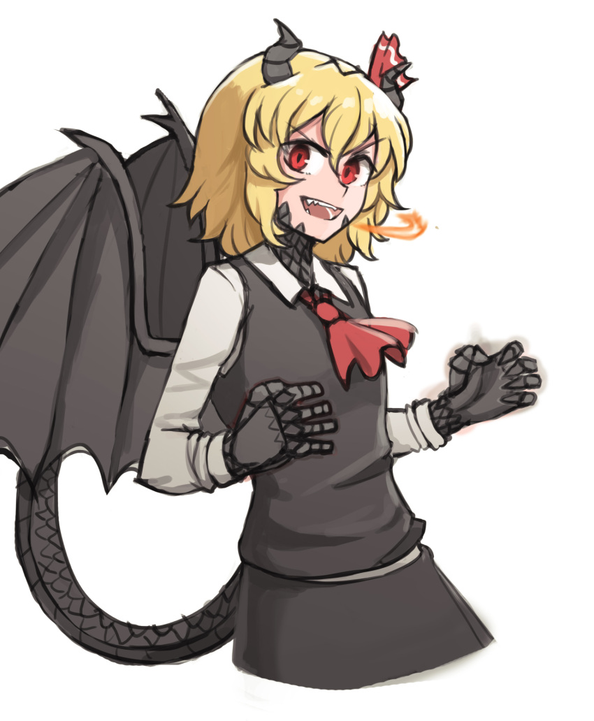1girl, ascot, black_skirt, blonde_hair, blouse, bow, bowtie, breasts, cravat, darkness, dragon_girl, dragon_horns, dragon_tail, dragon_wings, dress_shirt, druma, fangs, floating, hair_bow, hair_ribbon, highres, horns, long_sleeves, looking_at_viewer, mata_(matasoup), necktie, outstretched_arms, red_bow, red_eyes, red_neckwear, red_ribbon, ribbon, rumia, scales, shirt, short_hair, skirt, skirt_set, small_breasts, smile, spread_arms, tail, touhou, vest, waving_arm, white_blouse, white_shirt, wing_collar, wings