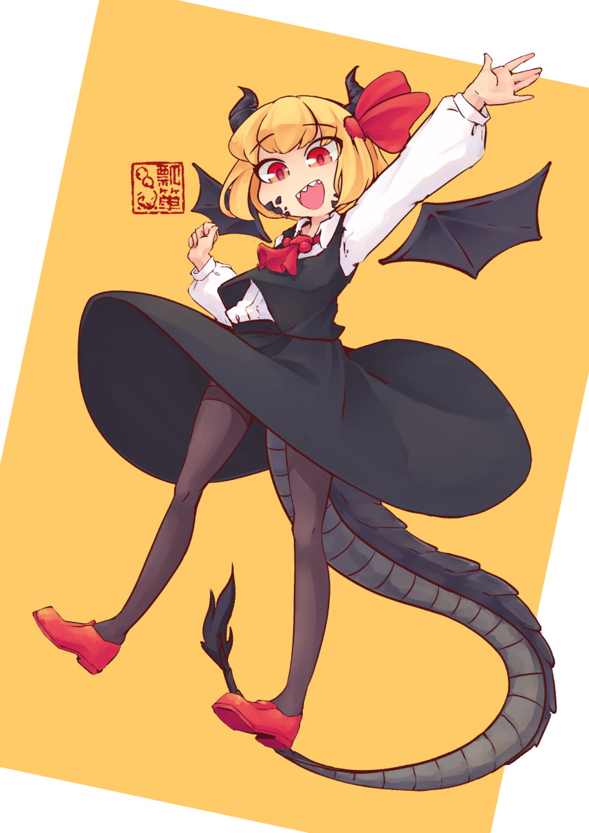 1girl, ascot, black_skirt, blonde_hair, blouse, bow, bowtie, breasts, cravat, darkness, dragon_girl, dragon_horns, dragon_tail, dragon_wings, dress_shirt, druma, fangs, floating, hair_bow, hair_ribbon, highres, horns, hyoutan_tan, long_sleeves, looking_at_viewer, necktie, outstretched_arms, red_bow, red_eyes, red_footwear, red_neckwear, red_ribbon, ribbon, rumia, scales, shirt, short_hair, skirt, skirt_set, small_breasts, smile, socks, spread_arms, tail, touhou, vest, waving_arm, white_blouse, white_shirt, wing_collar, wings