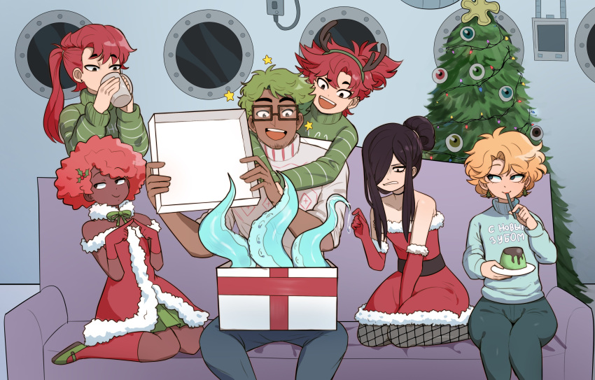 6+boys, absurdres, antlers, aqua_shirt, arjun_(ms_pigtails), bare_shoulders, black_hair, blonde_hair