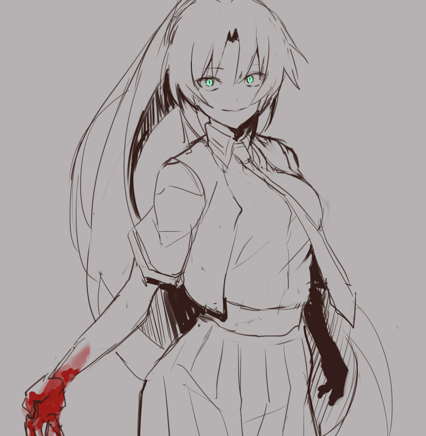 1girl, aqua_eyes, blood, bloody_hands, breasts, closed_mouth, eyebrows_visible_through_hair, feet_out_of_frame, ff_frbb122, highres, higurashi_no_naku_koro_ni, jacket, long_hair, looking_at_viewer, medium_breasts, monochrome, necktie, open_clothes, open_jacket, ponytail, shirt, skirt, smile, solo, sonozaki_mion, standing