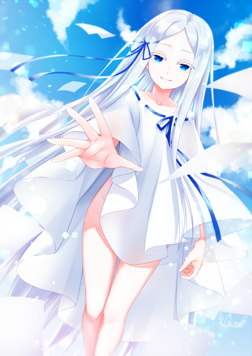 1girl, absurdres, blue_eyes, blue_ribbon, blue_sky, chiutake_mina, clouds, collarbone