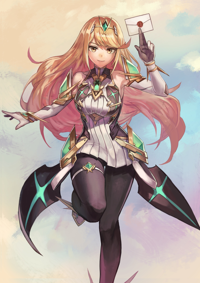 1girl, absurdres, bangs, bare_shoulders, black_legwear, blonde_hair, breasts, chest_jewel