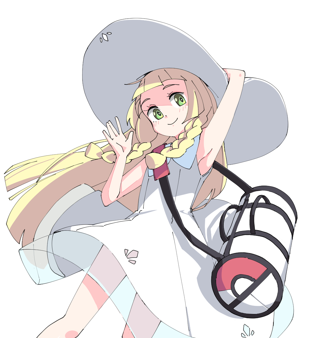 1girl, 26th, armpits, bag, bangs, bare_arms, blonde_hair, blunt_bangs
