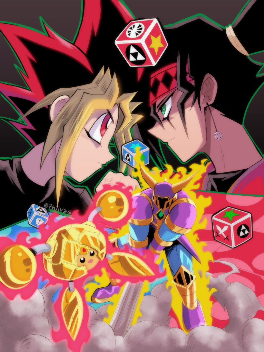 2boys, absurdres, artist_name, bangs, black_hair, black_shirt, blonde_hair, bright_pupils