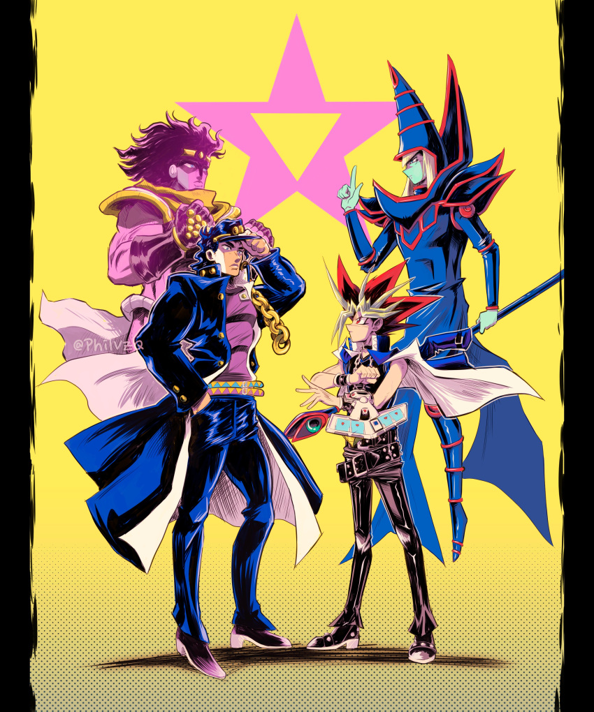 4boys, absurdres, belt, black_hair, blonde_hair, blue_coat, blue_headwear, blue_pants, buttons, chain, character_request, clenched_hand, coat, commentary, crossover, dark_magician, duel_disk, eye_contact, from_side, hat, highres, jojo_no_kimyou_na_bouken, looking_at_another, multiple_boys, open_clothes, open_coat, pants, phil_vzq, purple_shirt, redhead, shirt, shoes, spiky_hair, spread_fingers, standing, yami_yuugi, yu-gi-oh!