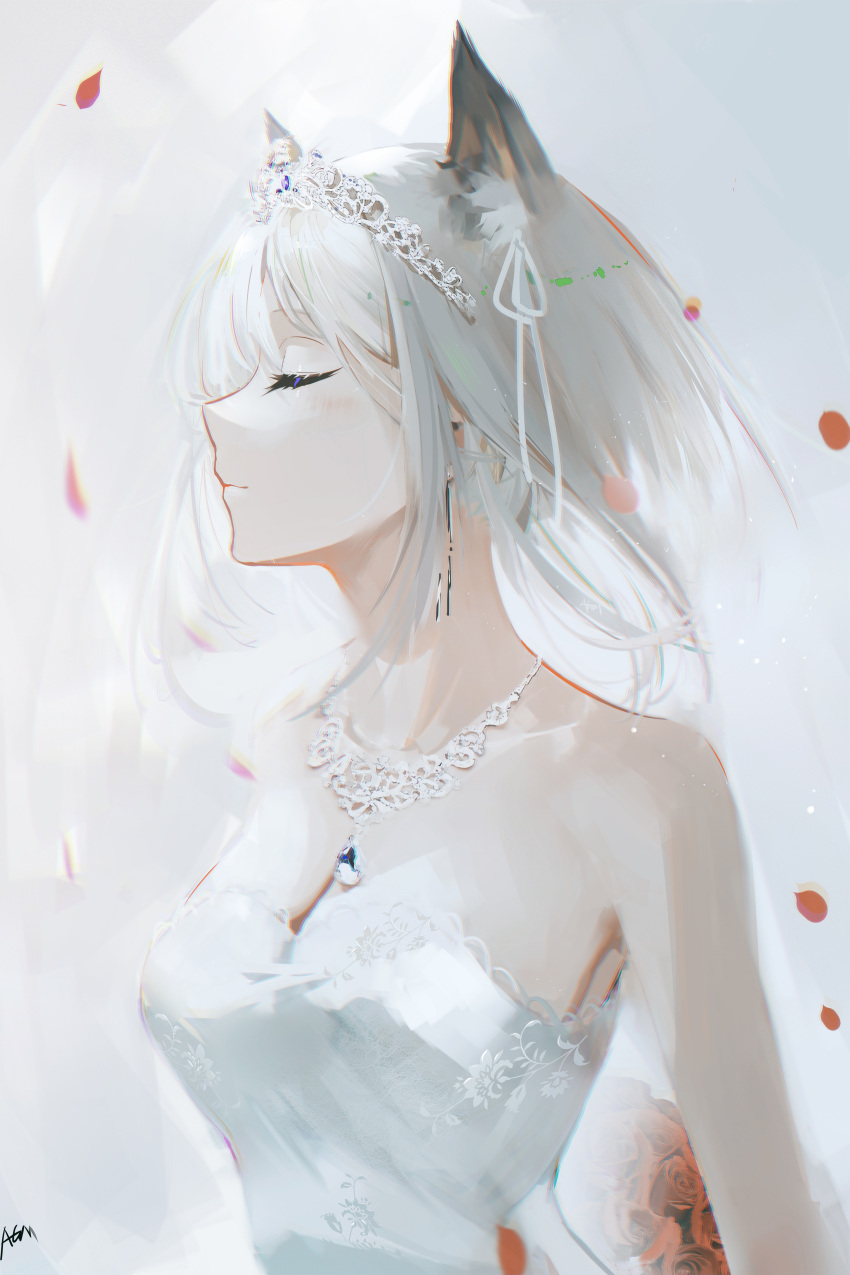 1girl, absurdres, alternate_costume, animal_ears, arknights, bare_shoulders, breasts, bride