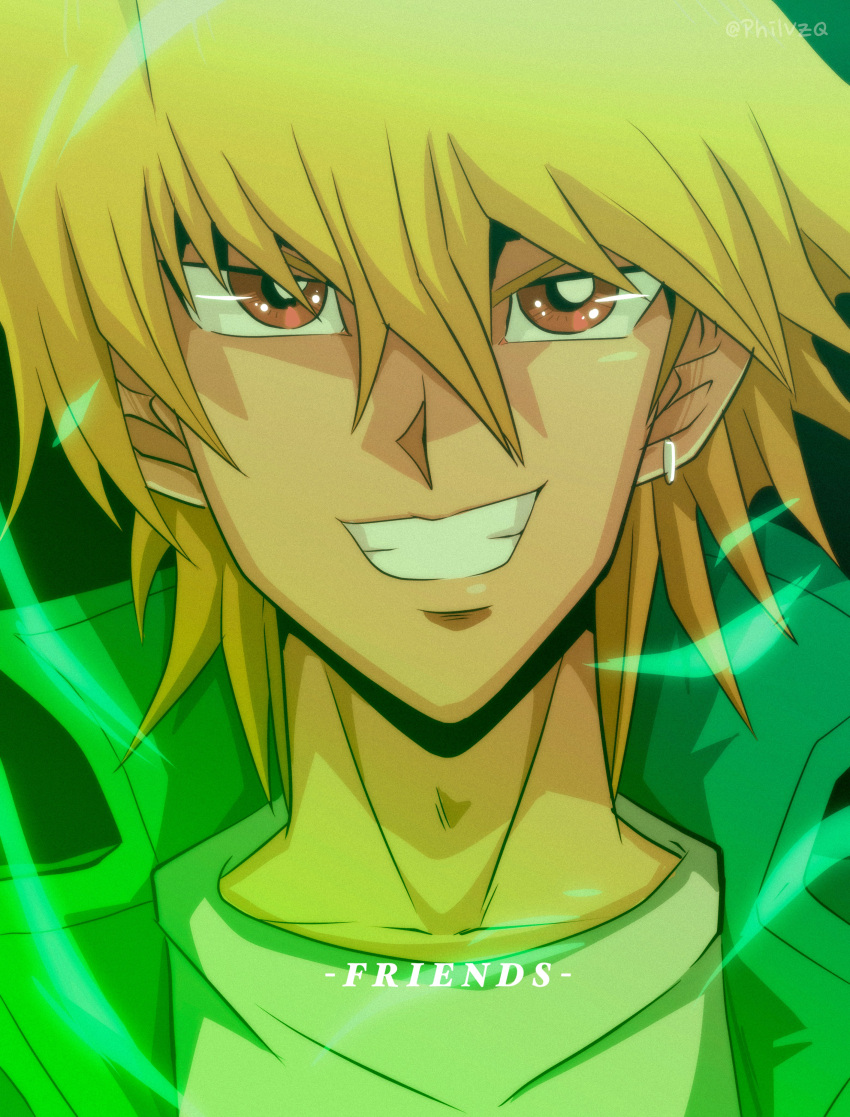 1boy, absurdres, bangs, blonde_hair, bright_pupils, brown_eyes, clenched_teeth, commentary